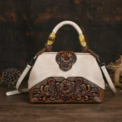 Women's Handbag Crossbody Bag Shoulder Bag Boston Bag PU Leather Party Daily Holiday Embossed Large Capacity Lightweight Durable Color Block Flower Folk dark brown claret ArmyGreen