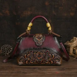 Women's Handbag Crossbody Bag Shoulder Bag Boston Bag PU Leather Party Daily Holiday Embossed Large Capacity Lightweight Durable Color Block Flower Folk dark brown claret ArmyGreen