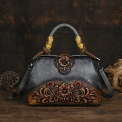 Women's Handbag Crossbody Bag Shoulder Bag Boston Bag PU Leather Party Daily Holiday Embossed Large Capacity Lightweight Durable Color Block Flower Folk dark brown claret ArmyGreen