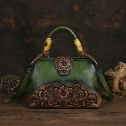 Women's Handbag Crossbody Bag Shoulder Bag Boston Bag PU Leather Party Daily Holiday Embossed Large Capacity Lightweight Durable Color Block Flower Folk dark brown claret ArmyGreen