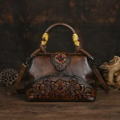 Women's Handbag Crossbody Bag Shoulder Bag Boston Bag PU Leather Party Daily Holiday Embossed Large Capacity Lightweight Durable Color Block Flower Folk dark brown claret ArmyGreen