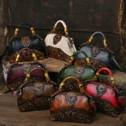 Women's Handbag Crossbody Bag Shoulder Bag Boston Bag PU Leather Party Daily Holiday Embossed Large Capacity Lightweight Durable Color Block Flower Folk dark brown claret ArmyGreen