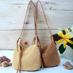 Women's Handwoven Straw Crossbody Bags – Boho Summer Beach Shoulder Bag with Adjustable Leather Strap