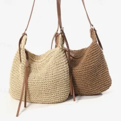 Women's Handwoven Straw Crossbody Bags – Boho Summer Beach Shoulder Bag with Adjustable Leather Strap