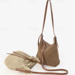 Women's Handwoven Straw Crossbody Bags – Boho Summer Beach Shoulder Bag with Adjustable Leather Strap