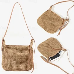 Women's Handwoven Straw Crossbody Bags – Boho Summer Beach Shoulder Bag with Adjustable Leather Strap