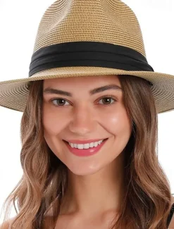 Women's Hat Straw Hat Sun Hat Portable Windproof Breathable Street Daily Weekend Splice Pure Color