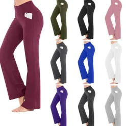 Women's High Waist Yoga Pants Side Pockets Bootcut Leggings Tummy Control 4 Way Stretch Quick Dry Dark Grey Wine Fitness Gym Workout Dance Summer Sports Activewear High Elasticity