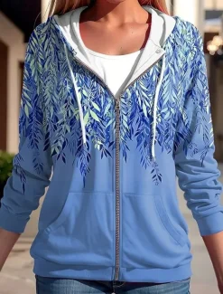 Women's Hooded Sweatshirt Jacket Long Sleeve Zip Up Hoodie With Pocket Lightweight Casual Micro-elastic Oversized Floral Active Vintage Sports Drawstring Front Pocket Blue Fuchsia Green Spring Fall