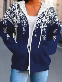 Women's Hooded Sweatshirt Jacket Long Sleeve Zip Up Hoodie With Pocket Lightweight Casual Micro-elastic Oversized Floral Vintage Sports Streetwear Drawstring Front Pocket Blue Green Violet Fall