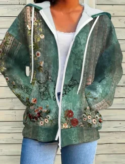 Women's Hooded Sweatshirt Jacket Long Sleeve Zip Up Hoodie With Pocket Lightweight Casual Micro-elastic Oversized Floral Vintage Sports Streetwear Drawstring Front Pocket Blue Green Violet Fall