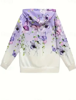 Women's Hooded Sweatshirt Jacket Long Sleeve Zip Up Hoodie With Pocket Lightweight Casual Micro-elastic Oversized Floral Vintage Sports Streetwear Drawstring Front Pocket Blue Green Violet Fall