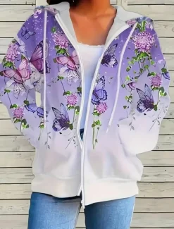 Women's Hooded Sweatshirt Jacket Long Sleeve Zip Up Hoodie With Pocket Lightweight Casual Micro-elastic Oversized Floral Vintage Sports Streetwear Drawstring Front Pocket Blue Green Violet Fall