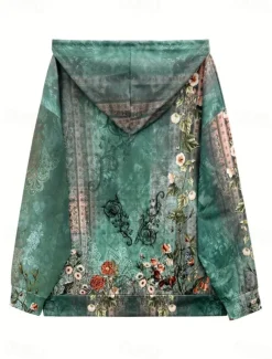 Women's Hooded Sweatshirt Jacket Long Sleeve Zip Up Hoodie With Pocket Lightweight Casual Micro-elastic Oversized Floral Vintage Sports Streetwear Drawstring Front Pocket Blue Green Violet Fall