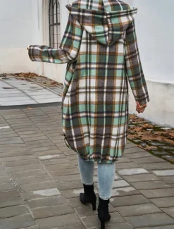 Women's Hoodie Jacket Outdoor Street Daily Wear Fall Winter Long Coat Regular Fit Thermal Warm Breathable Stylish Casual Jacket Long Sleeve Stripes and Plaid with Pockets Full Zip Red Brown Green