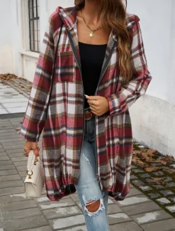 Women's Hoodie Jacket Outdoor Street Daily Wear Fall Winter Long Coat Regular Fit Thermal Warm Breathable Stylish Casual Jacket Long Sleeve Stripes and Plaid with Pockets Full Zip Red Brown Green