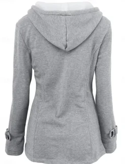 Women's Hoodie Jacket Warm Breathable Pocket Casual Street Style Solid Color Vacation Street Daily Wear Going out Single Breasted Hoodie Regular Fit Long Sleeve Outerwear Black Light Grey Dark Grey