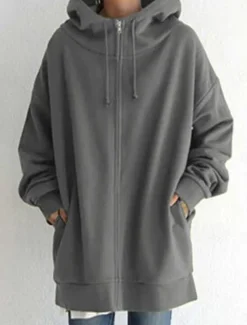 Women's Hoodie Jacket Warm Breathable Zipper Pocket Casual Plain Vacation Street Daily Wear Going out Zipper Long Hoodie Regular Fit Long Sleeve Outerwear Black Red Khaki Fall Winter