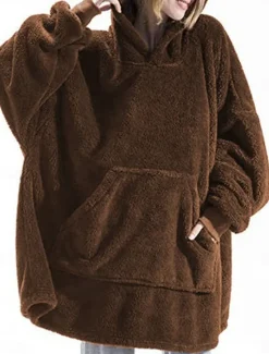 Women's Hoodie Sweatshirt Casual Sherpa Plain Street Dailywear Hoodie Long Sleeve Wine Blue Brown Fall Winter