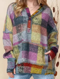 Women's Hoodie Sweatshirt Active Fashion Streetwear Plaid Street Dailywear Casual Hoodie Buttons Pocket Print Long Sleeve Green Fall Winter