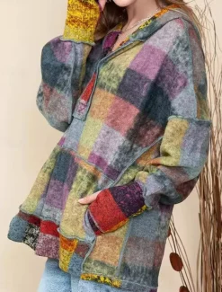 Women's Hoodie Sweatshirt Active Fashion Streetwear Plaid Street Dailywear Casual Hoodie Buttons Pocket Print Long Sleeve Green Fall Winter