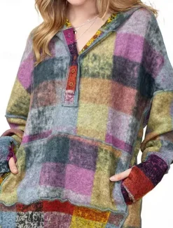 Women's Hoodie Sweatshirt Active Fashion Streetwear Plaid Street Dailywear Casual Hoodie Buttons Pocket Print Long Sleeve Green Fall Winter