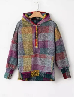 Women's Hoodie Sweatshirt Active Fashion Streetwear Plaid Street Dailywear Casual Hoodie Buttons Pocket Print Long Sleeve Green Fall Winter