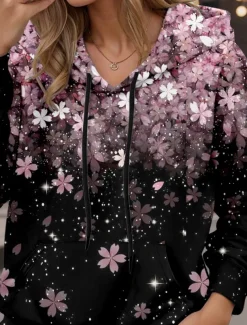 Women's Hoodie Sweatshirt Casual Floral Street Dailywear Casual Hoodie Pocket Print Long Sleeve Pink Fall Winter