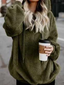 Women's Hoodie Sweatshirt Casual Sherpa Plain Street Dailywear Hoodie Zipper Pocket Long Sleeve Wine Brown Green Fall Winter