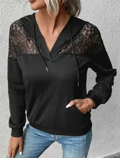 Women's Hoodie Sweatshirt Casual Plain Street Dailywear Hoodie Patchwork Pocket Long Sleeve Black Fall