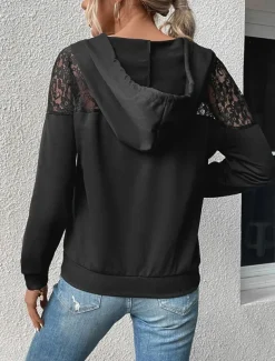 Women's Hoodie Sweatshirt Casual Plain Street Dailywear Hoodie Patchwork Pocket Long Sleeve Black Fall