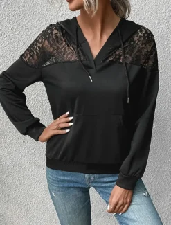 Women's Hoodie Sweatshirt Casual Plain Street Dailywear Hoodie Patchwork Pocket Long Sleeve Black Fall