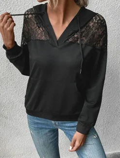Women's Hoodie Sweatshirt Casual Plain Street Dailywear Hoodie Patchwork Pocket Long Sleeve Black Fall