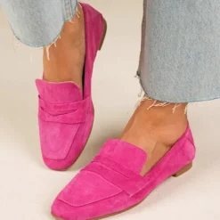 Women's Hot Pink Faux Suede Loafers - Comfortable Casual Slip-On Flats for Everyday Wear