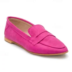 Women's Hot Pink Faux Suede Loafers - Comfortable Casual Slip-On Flats for Everyday Wear