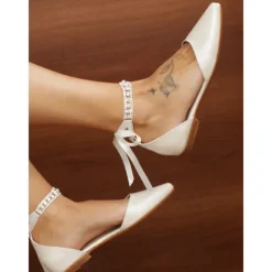 Women's Ivory Pointed-Toe Flats with Rhinestone Ankle Strap – Chic Ballet Flats for Date Night & Wedding