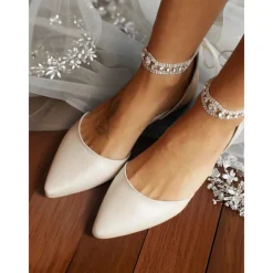 Women's Ivory Pointed-Toe Flats with Rhinestone Ankle Strap – Chic Ballet Flats for Date Night & Wedding