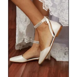 Women's Ivory Pointed-Toe Flats with Rhinestone Ankle Strap – Chic Ballet Flats for Date Night & Wedding