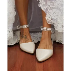 Women's Ivory Pointed-Toe Flats with Rhinestone Ankle Strap – Chic Ballet Flats for Date Night & Wedding