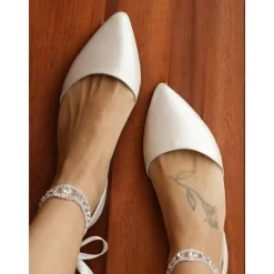 Women's Ivory Pointed-Toe Flats with Rhinestone Ankle Strap – Chic Ballet Flats for Date Night & Wedding