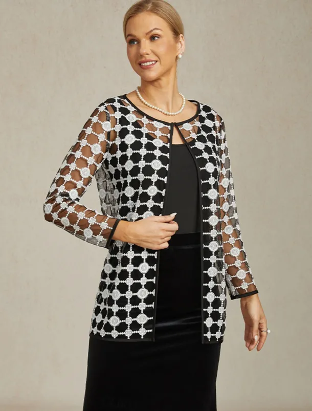 Women's Jacket Coat Blazer Lace Embroidered Color Block Elegant Floral Anniversary Wedding Guest Daily Cocktail Party Open Front Regular Crewneck Regular Fit Long Sleeve Outerwear Black