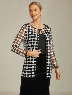 Women's Jacket Coat Blazer Lace Embroidered Color Block Elegant Floral Anniversary Wedding Guest Daily Cocktail Party Open Front Regular Crewneck Regular Fit Long Sleeve Outerwear Black