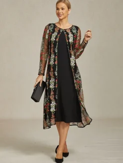 Women's Jacket Coat Blazer Lace Embroidered Elegant Floral Formal Anniversary Wedding Guest Daily Open Front Long Crewneck Regular Fit Long Sleeve Outerwear Black Spring Fall