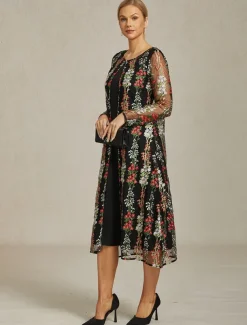 Women's Jacket Coat Blazer Lace Embroidered Elegant Floral Formal Anniversary Wedding Guest Daily Open Front Long Crewneck Regular Fit Long Sleeve Outerwear Black Spring Fall