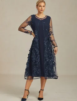 Women's Jacket Coat Blazer Lace Embroidered Sequin Elegant Floral Formal Anniversary Wedding Guest Cocktail Party Open Front Long Crewneck Regular Fit Long Sleeve Outerwear Navy Blue