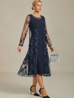 Women's Jacket Coat Blazer Lace Embroidered Sequin Elegant Floral Formal Anniversary Wedding Guest Cocktail Party Open Front Long Crewneck Regular Fit Long Sleeve Outerwear Navy Blue