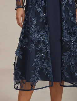 Women's Jacket Coat Blazer Lace Embroidered Sequin Elegant Floral Formal Anniversary Wedding Guest Cocktail Party Open Front Long Crewneck Regular Fit Long Sleeve Outerwear Navy Blue