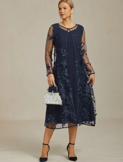 Women's Jacket Coat Blazer Lace Embroidered Sequin Elegant Floral Formal Anniversary Wedding Guest Cocktail Party Open Front Long Crewneck Regular Fit Long Sleeve Outerwear Navy Blue