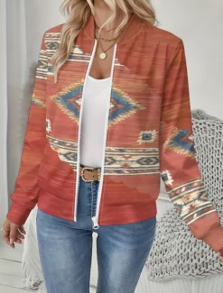 Women's Jacket Comfortable Print Outdoor Casual Boho Vintage Geometric Vacation Home Casual Daily Wear Short Baseball Collar Regular Fit Long Sleeve Outerwear Black And White Light Yellow Leopard