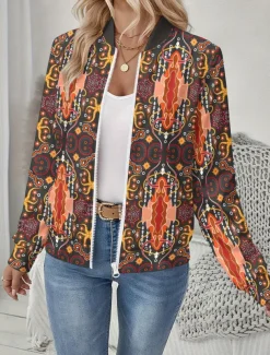 Women's Jacket Comfortable Print Outdoor Casual Boho Vintage Geometric Vacation Home Casual Daily Wear Short Baseball Collar Regular Fit Long Sleeve Outerwear Black And White Light Yellow Leopard